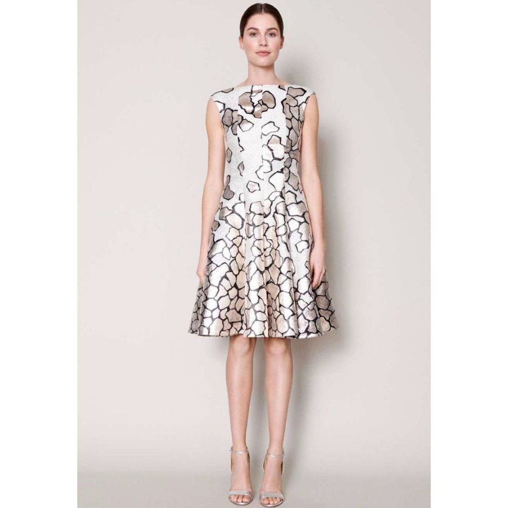 Talbot Runhof Korbut 20 Jacquard Cap Sleeve A-Line Cocktail Dress Size 10 - Picture 1 of 12